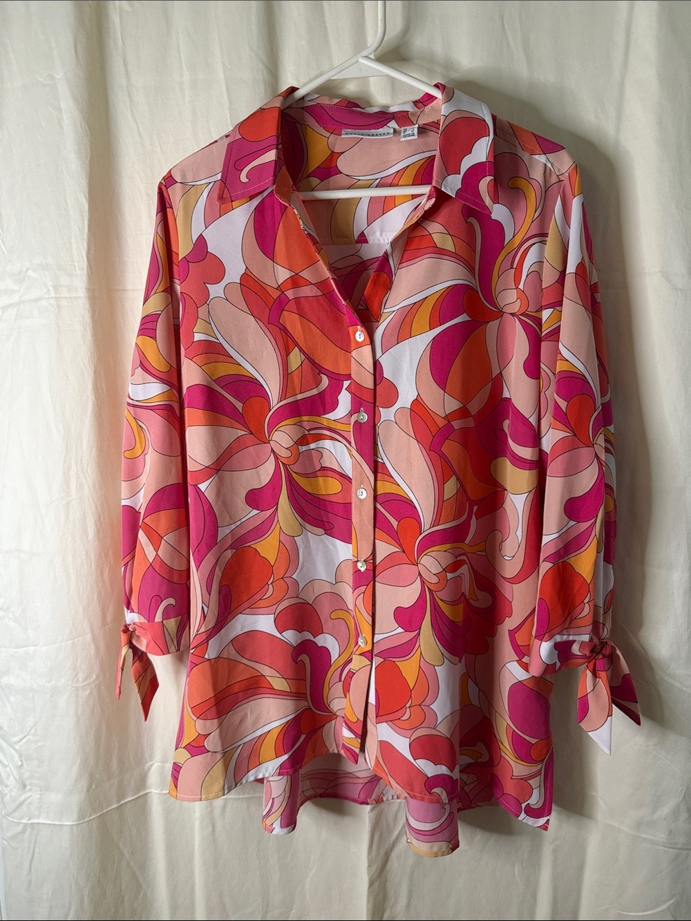 Susan Graver Pink & Orange Abstract Print Button-Front Blouse